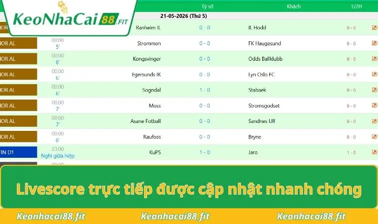 Livescore trực tiếp được cập nhật nhanh chóng