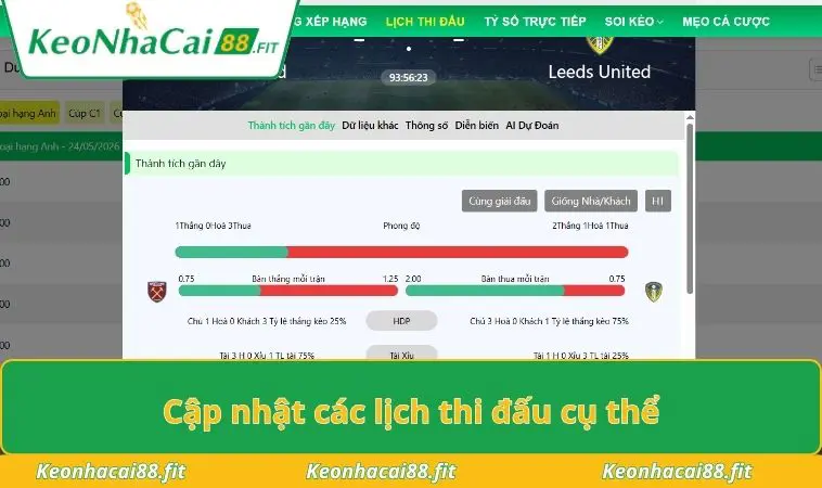 Cập nhật các lịch thi đấu cụ thể